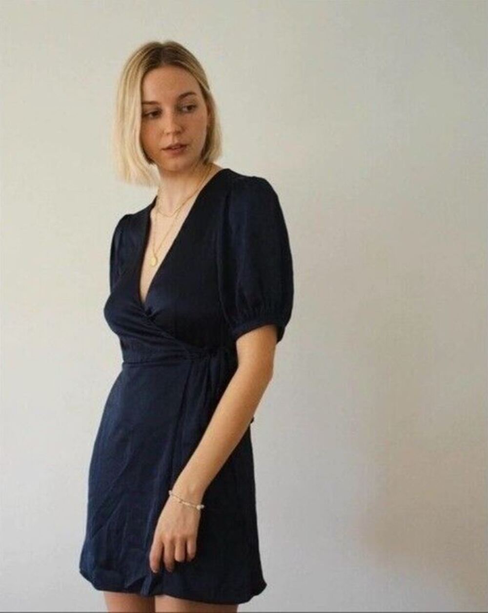 NWT Aritzia Wilfred Free Lune classy navy blue satin puff sleeve wrap dress XXS